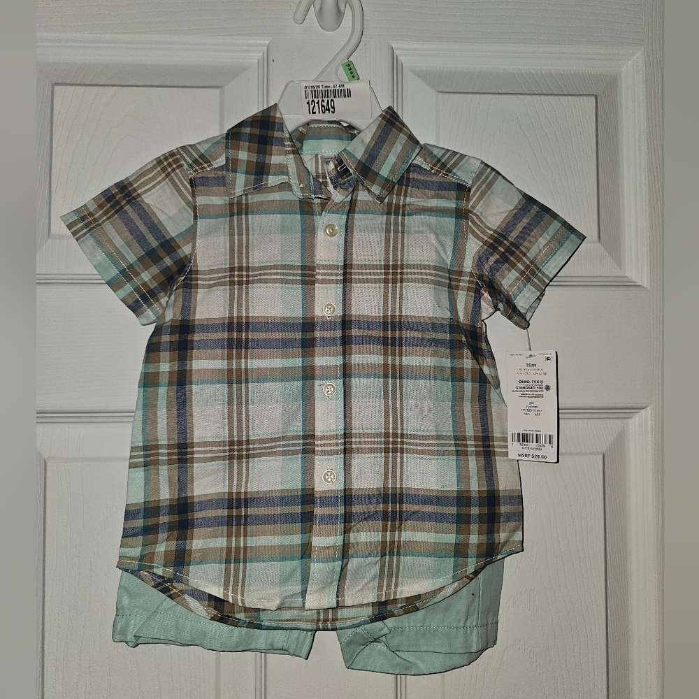 NWT Carters 18 Months Plaid Short Sleeve Kids Shirt And Short Set Size